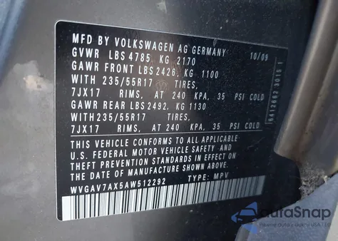 2010 Volkswagen Tiguan S из США, поврежденный, VIN WVGAV7AX5AW512292